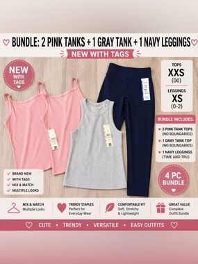 NWT 4pc Outfit Bundle XS/XXS – 2 Pink Tanks + Gray Tank + Navy Leggings